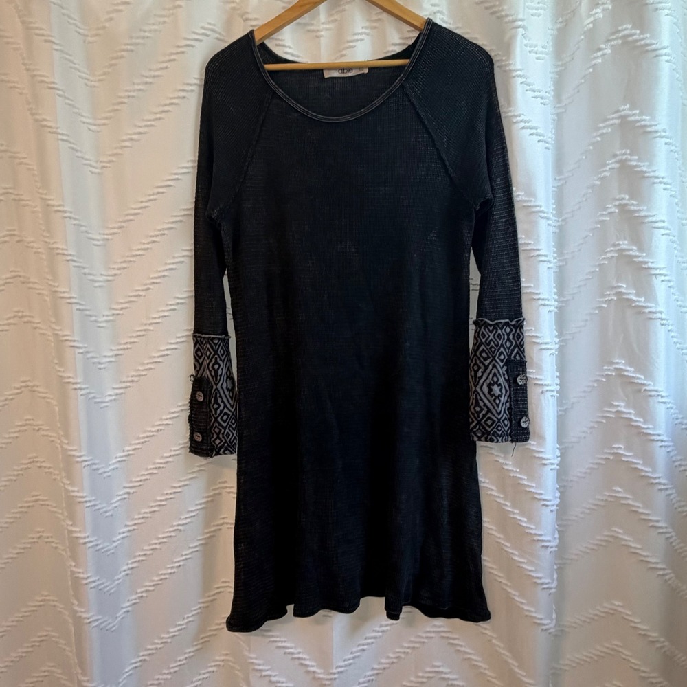 Able Black Waffle Knit Tunic Dress Geometric Button Cuff Long Sleeve Womens L